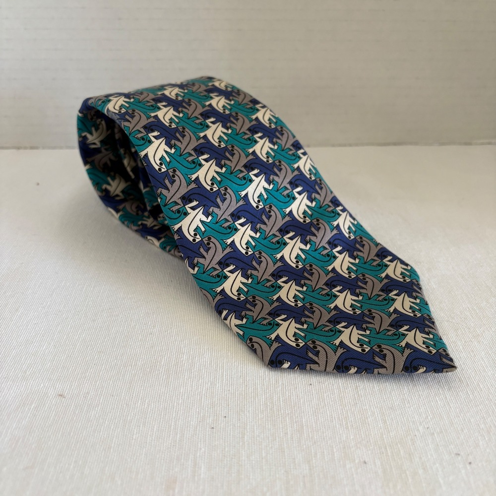 The Boxelder Company MC Escher Lizard Tessellation Silk Tie Teal Blue 1989 USA